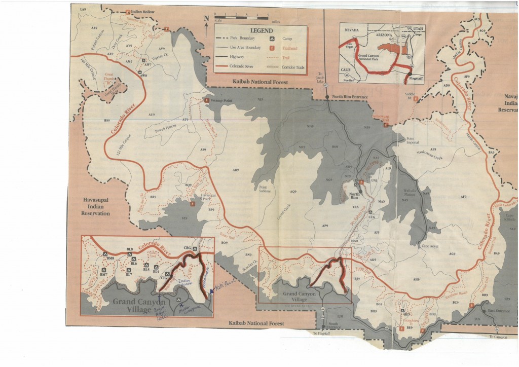 Oversigtskort af Grand Canyon med dagens rute i bunden af kortet på denne fantastiske kløft.